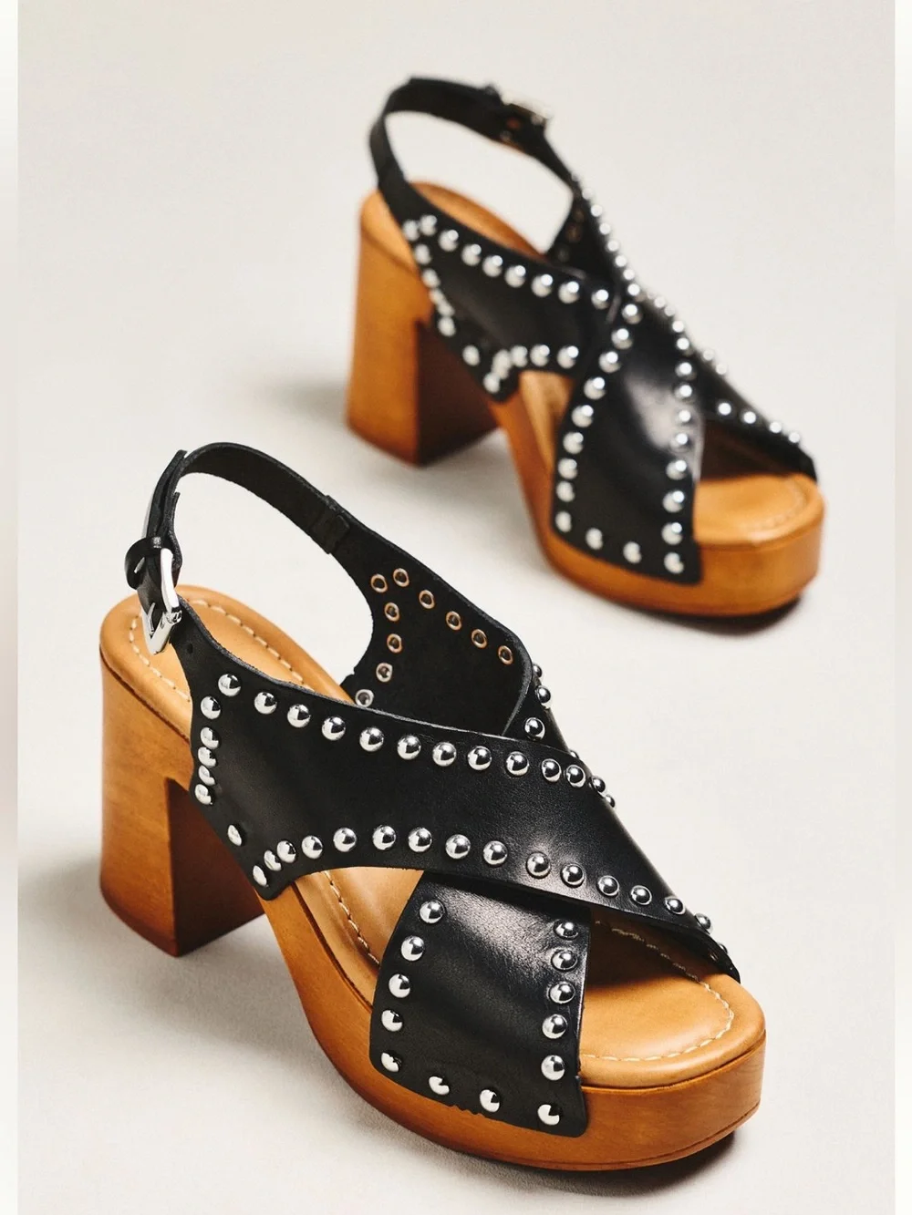 NWT Anthropologie Studded Cross Strap Platform Heels Black Leather EU 41
